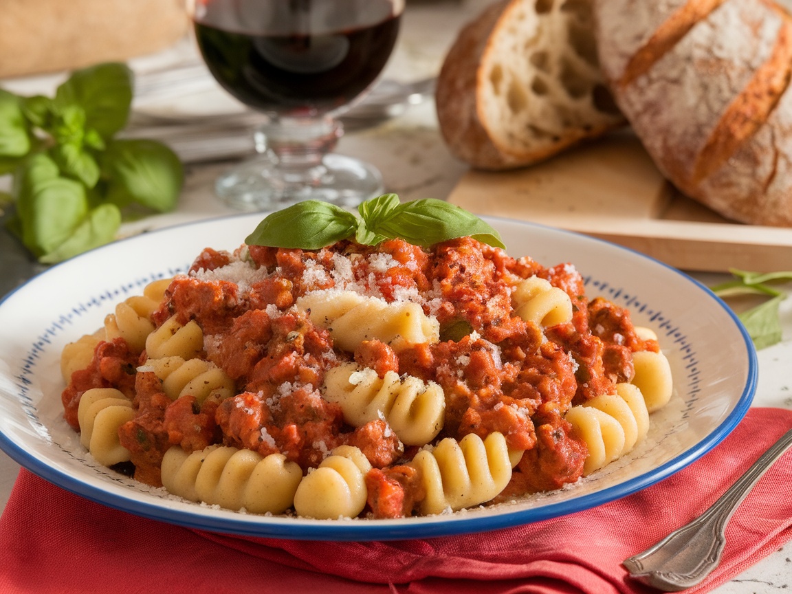 A plate of Malloreddus pasta with sausage sauce, garnished with basil and cheese, on a rustic table with wine.